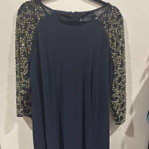 Chetta B Blue Sequin Sheath Dress with 3/4 Raglan Sleeves for Cocktail